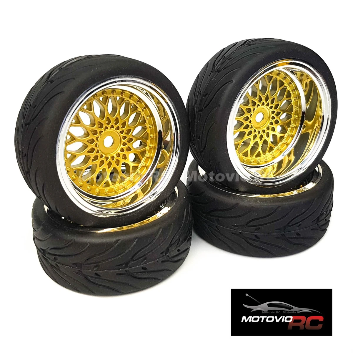 1 10 RC Road Wheels Tyres Gold BBS Style for Tamiya TT02 TT01 E 9mm 6mm Offset