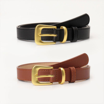 Faux Leather Belt with Gold Pin Buckle for Jeans, Adjustable Size S Women Gold Pin Buckle Faux Leather Skinny Belt Dress Jeans  main image 2