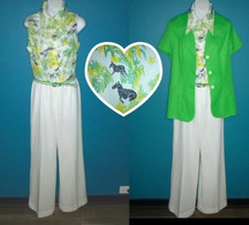 Vtg 70s Melissa Lane Jumpsuit  Jacket Bright Green Zebras WIde Leg Sz M
