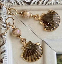 Gold, Champagne and Sparkly Grayish Brown  Shell Earrings. Beach. Sea