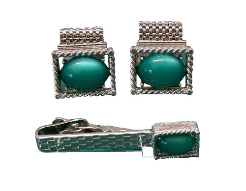 Vintage Swank Silver Tone Green Faux Cats Eye Wrap Cufflinks and Tie Clip Set