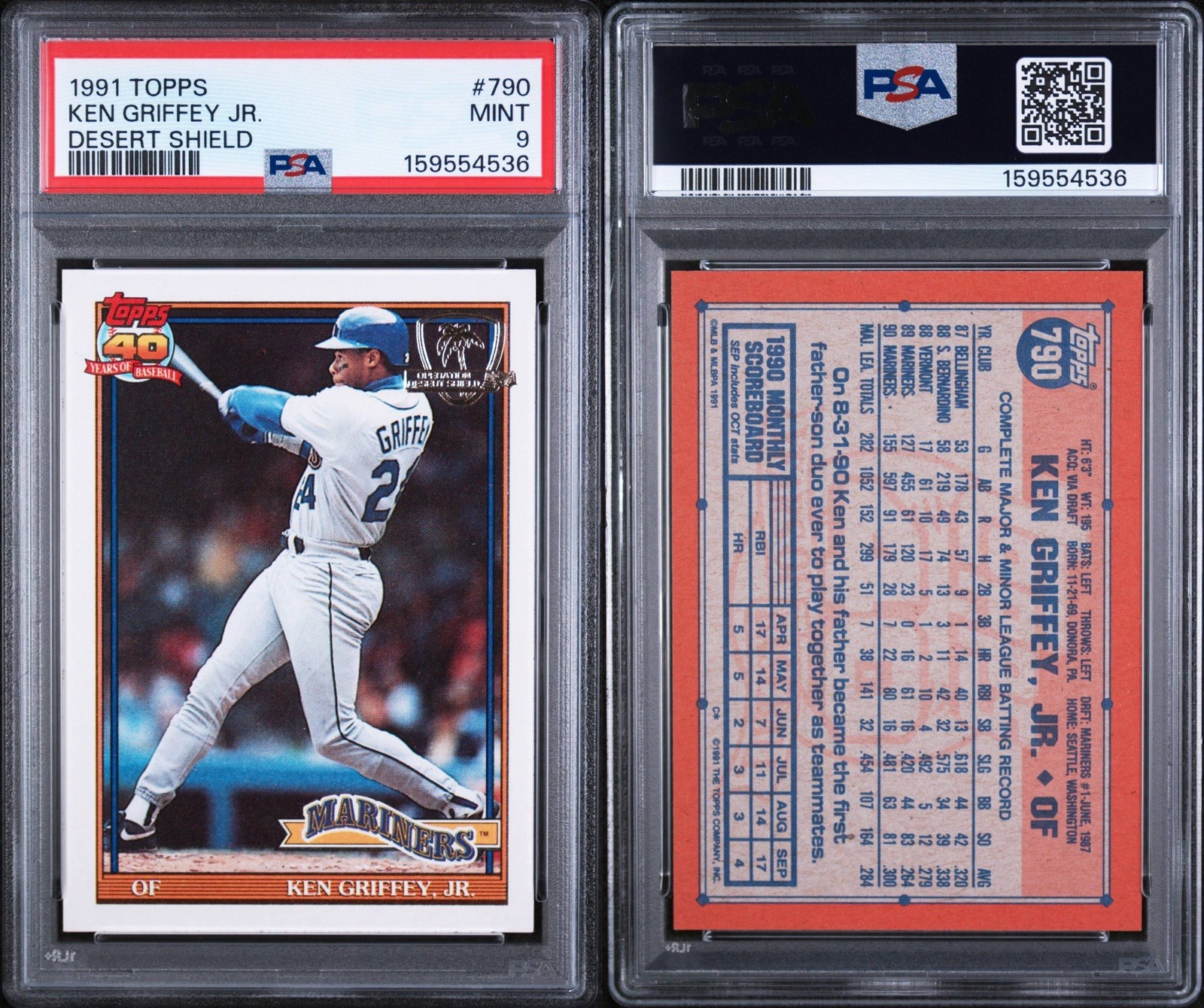 KEN GRIFFEY JR.  PSA 9 MINT 1991 TOPPS DESERT SHIELD BASEBALL CARD #790 GRADED . view 3