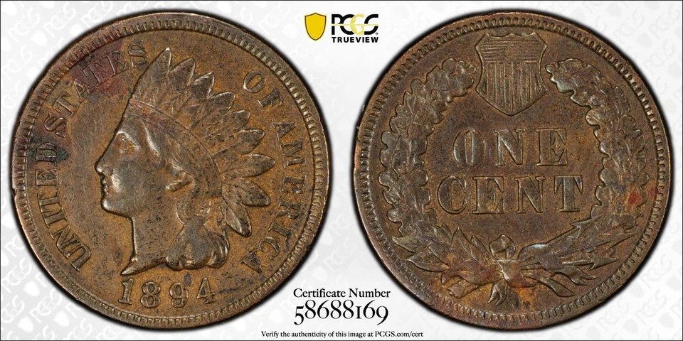 1894 Indian Head Cent - PCGS Genuine - XF Details 97 - Env. Dmg - Image 2 of 2