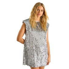 NWT Nasty Gal Disc Tassel Embellished Mini Dress Silver Disco Shoulder Pads - 10