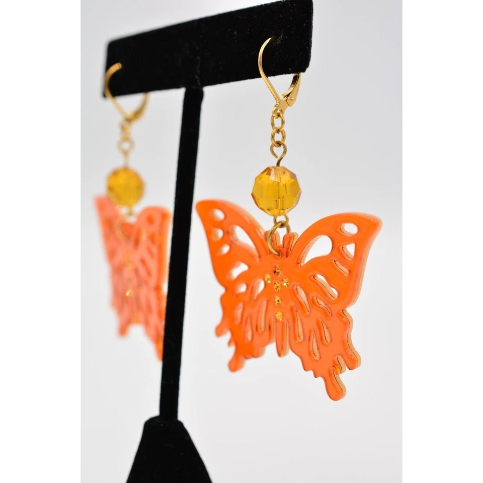 Pendientes Colgantes Mariposa Naranja Lucita Estrás Cristal Tono Dorado BinH Foto 2 de 4