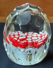 Vtg Murano Style Glass Millefiori Latticino Lace Faceted Paperweight Red