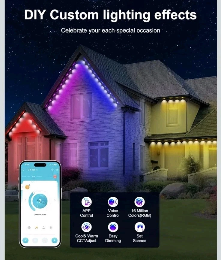 100ft LED Permanent Outdoor Smart Lights RGB 72 Scene Modes Eaves IP68 Christmas - Image 4 of 4