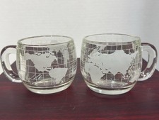 NESTLE Globe Coffee - Hot Tea Mugs Clear Glass 3" Etched Frosted World Map 70s