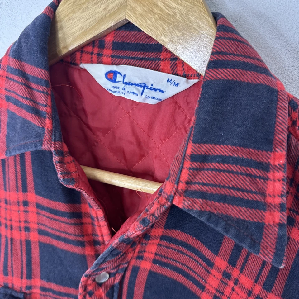 Camisa Chaqueta Vintage Champion Acolchada Franela Roja Negra A Cuadros Para Hombre M Foto 2 de 4