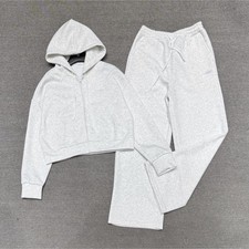 Gray Women's Solid Knit Tracksuit Set Hoodie  Pants, Hooded, Drawstring Waist