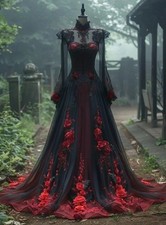 Red And Black Gothic Wedding Dress 3D Floral Appliques Lace A-line Tulle Vintage