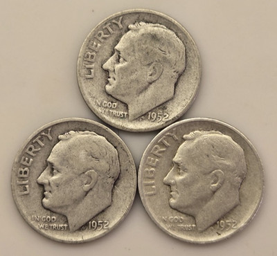 three 1952 S ROOSEVELT DIMES 10C (#317) San Francisco, circulated, ungraded