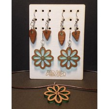 BOHO Teardrop Pierced Earrings Necklace Set 4 Wood Green Acrylic Flower USA 40