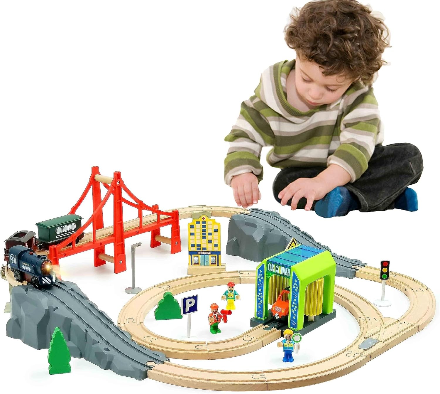 Battery Operated Train for Wooden Track, 3Pcs Motorized Train Toy for 3 4 5+Y...