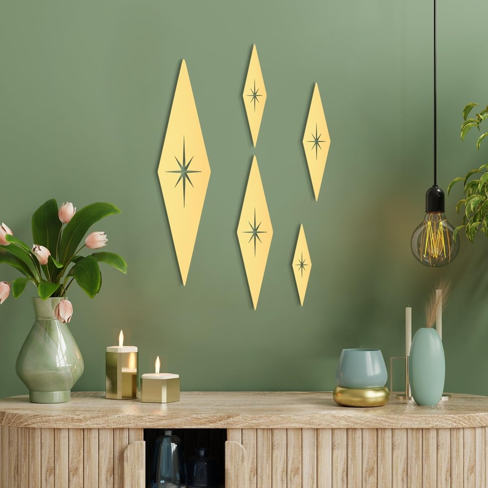 A five-piece gold starburst set is a dead-on revival of the most iconic mid-century wall trend — instant atomic-age living room upgrade.