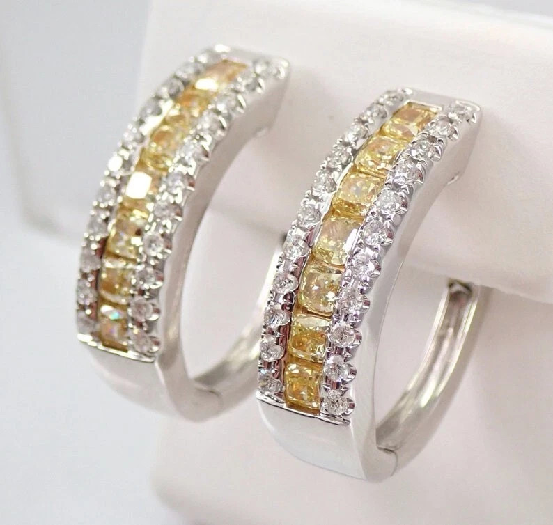 3Ct Cushion Lab-Created Yellow Canary Diamond Hoop Earring 14K White Gold Plated