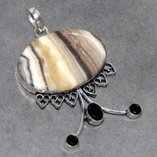 Long Zebra Calcite Black Onyx 925 Silver Plated Pendant 2.3
