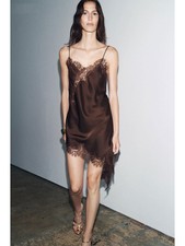 ZARA New Women's Straps ZW COLL. Asymmetrical Lace Dress ECRU Black 5919/200/070