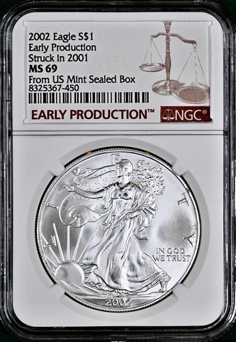 2002 MS69 EARLY PRODUCTION AMERICAN SILVER EAGLE (ASE) NGC STRUCK IN 2001