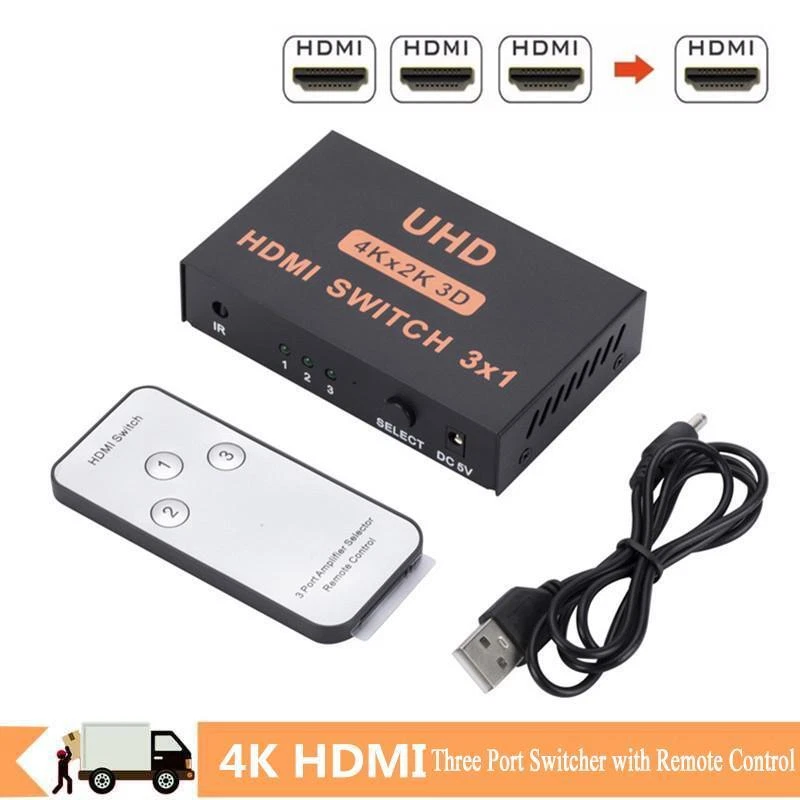 HDMI Switch 4K Splitter 3 Port Selector Switcher Hub IR Remote HDTV 3 In 1 Out - Image 2 of 4