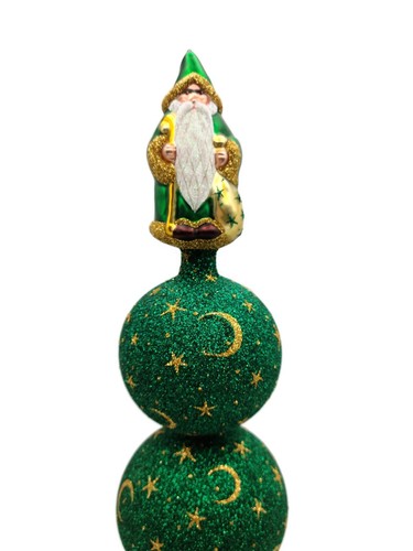 Patricia Breen Woodland Santa Finial Green Gold 3-Ball Christmas Tree Finial Top - Picture 3 of 7