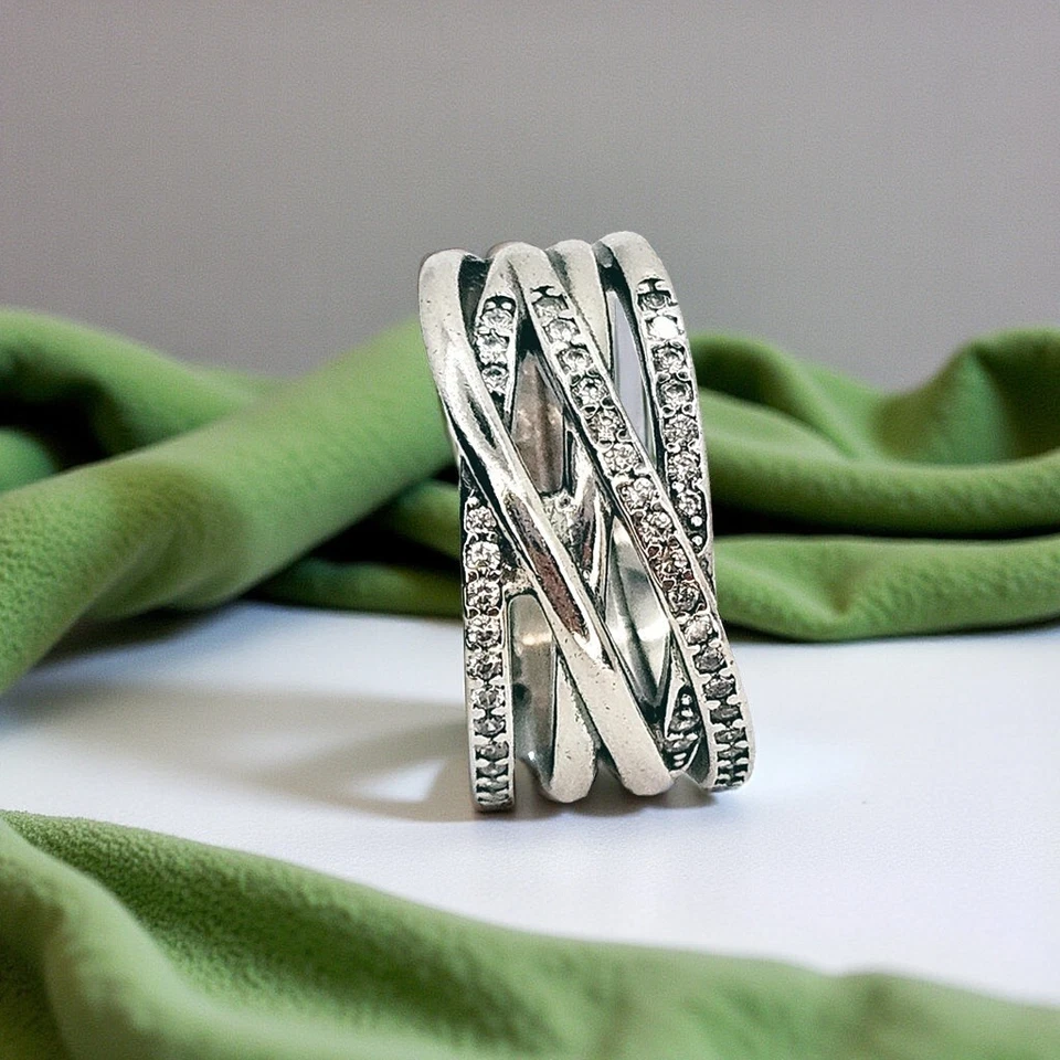 Anillo Líneas Brillantes y Pulidas, Anillo Cruzado de Plata, Regalo Joyería Declaración Foto 4 de 4