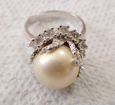 Size 7.25 Large Faux Pearl Ring 925 Sterling Silver 5 Accent CZs 7.5g