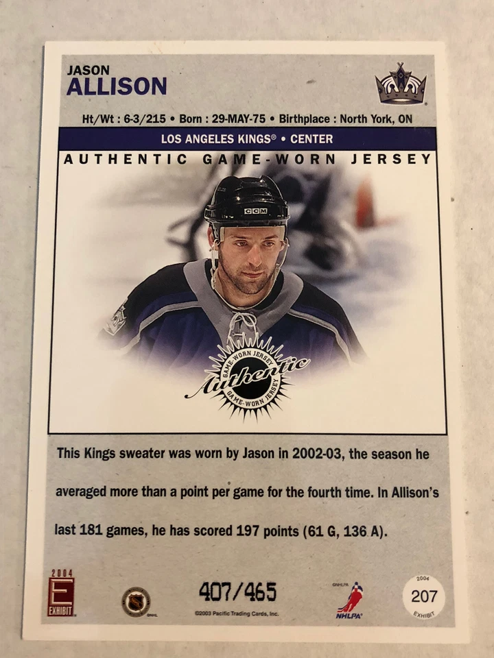 Jason Allison 03-04 Pacific Exhibit Game-Worn Jersey Card #407/465 Mint LA Kings - Image 4 of 4