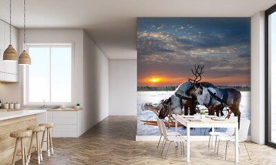 3D Snow Deer Sleigh K118 Animal Wallpaper Mural Self-adhesive Removable Kay