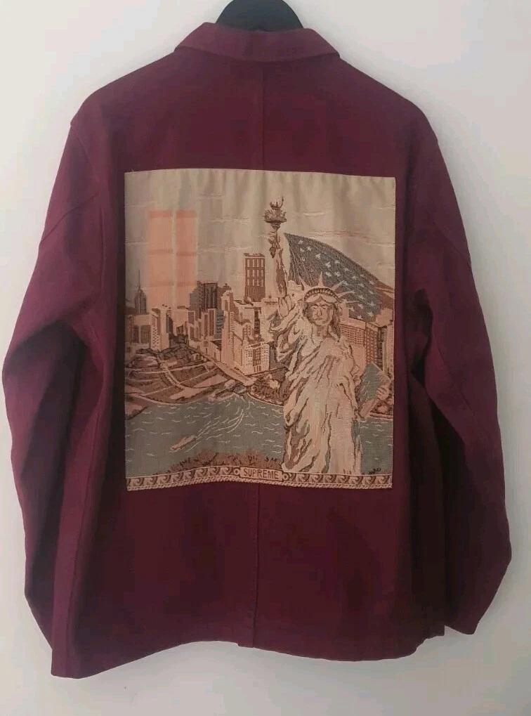SS18 Supreme NY Tapestry Denim Chore Coat Size L Large Jacket Maroon