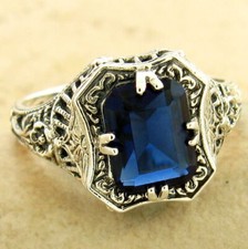 DECO VINTAGE STYLE 925 STERLING SILVER 2 CT SIMULATED SAPPHIRE RING     1171