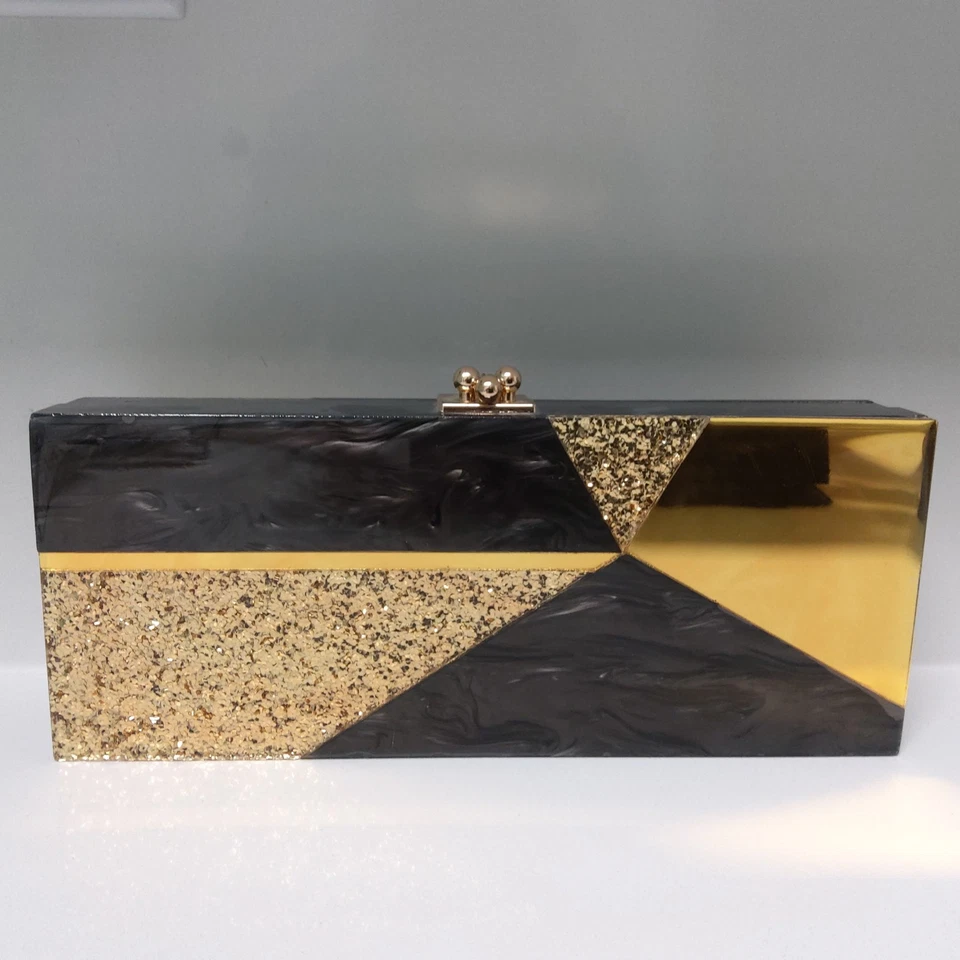 Embreagem EDIE PARKER x BOBBI BROWN preta e dourada acrílica brilhante Lucite - Imagem 2 de 3