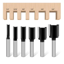 Double Fluted Straight Cut Router Bit Set 1/4 Shank, 6 Pcs Carbide Tipped Plunge