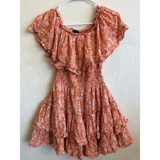 Forever 21 Orange White Palm Print Smocked Ruffle Off Shoulder Mini Dress Small
