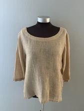 Kleen Women 100% Linen Top Medium Beige Semi Sheer Lagenlook Coastal Beach