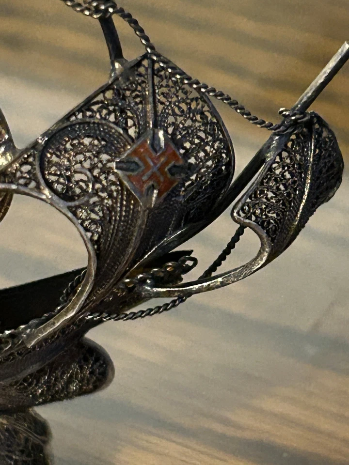 1930 Pequeña filigrana plateada dorada galeón portugués carabela velero esmalte Foto 4 de 4