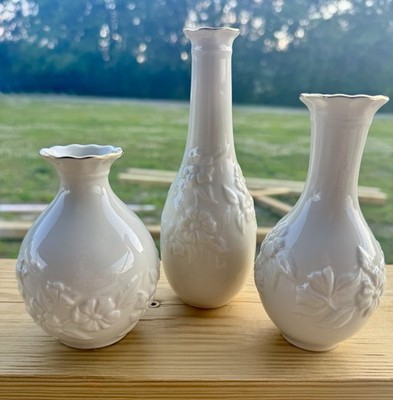 Vintage Lenox Bud Vase Set White Porcelain Floral Embossed Gold Trim Boxed Set