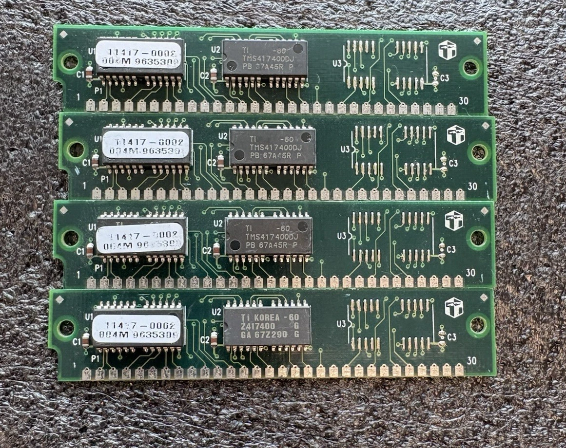 Lot De 4 Barrettes Mémoire FPM SIMM 30 Broches – 4 Mo Total (4x1024KB) – 80ns – Testées