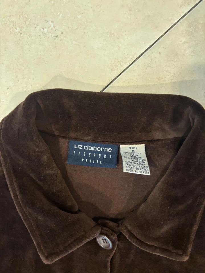 Conjunto de 2 piezas de traje de chándal de terciopelo marrón Y2K Liz Claiborne para mujer talla mediana 6458 Foto 3 de 4