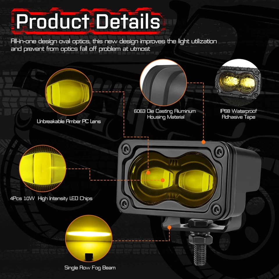 3" S2 DOT SAE J583 Amber LED Lights Fog Pods Pair (Set of 2) &Wiring Harness Kit - Изображение 2 из 4