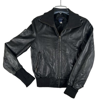 Vintage Gap Leather Bomber Jacket Womens Medium Ribbed High Collar Zip Pockets