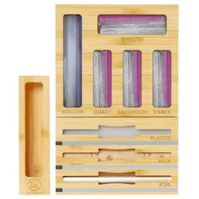 9 IN1 Bamboo Storage Bag Drawer Organizer with Cutter, Foil and Plastic Wrap ...