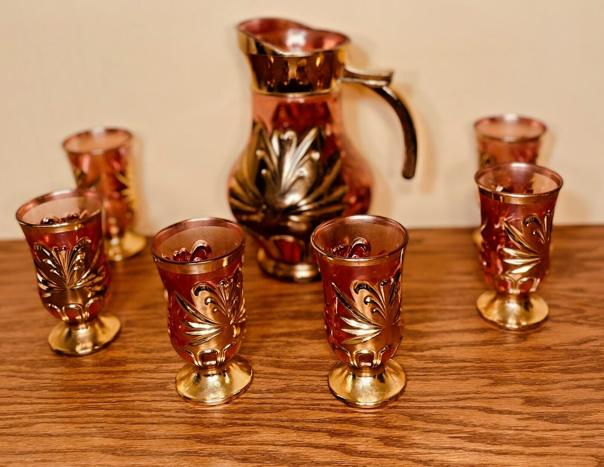 Vintage MCM Drink Set Pitcher 6 Glasses Cranberry / Pink Gold