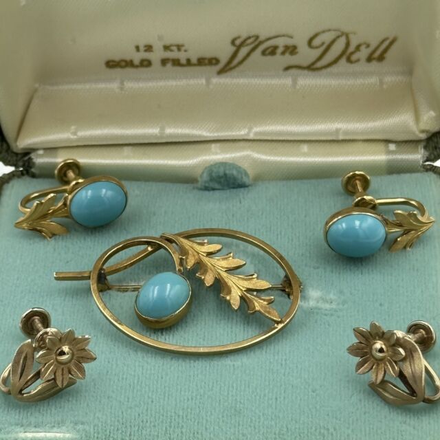 Vintage 12 KT Gold Filled Van Dell Turquoise Flower Leaf Brooch Pin Earrings Vintage 12 KT Gold Filled Van Dell Turquoise Flower Leaf Brooch Pin Earrings