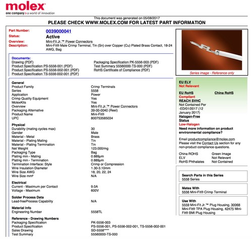 Molex 39-00-0041 24-18AWG 5556 Terminali a crimpare maschio Pin Mini-Fit Jr. (Confezione 50) - Foto 2 di 3