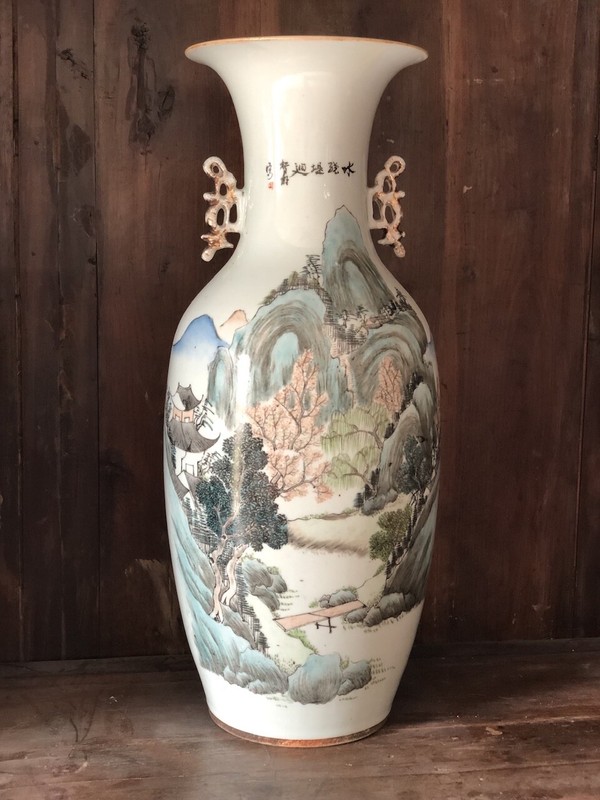 Chinese Antique Porcelain Vase Republic Period 23” Tall, 12 lbs Mountain Poem