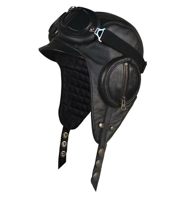 Leather Aviator Hat Black Pilot Cap 