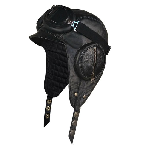 Leather Aviator Hat Black Pilot Cap 
