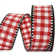 Red and White Gingham Plaid Black Woven Edge Wired Ribbon - 10 Yards x 1.5"W