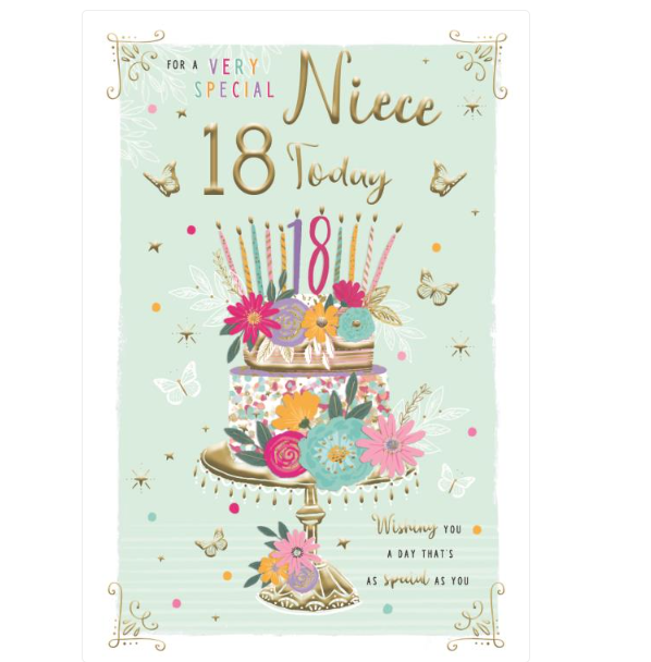 Birthday Card NIECE 18th 18. **Nine Inch Gold-Foiled Card. Paper pages inside**